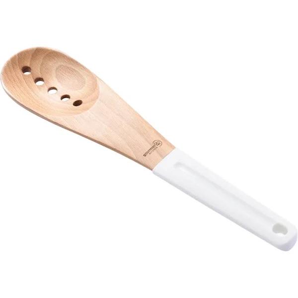 Gourmet Kitchen Rustic Beech Wood Slotted Spoon with Silicone Grip White 30x6.5x1.5cm