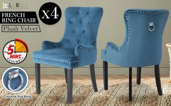 La Bella 4 Set Navy Blue French Provincial Dining Chair Ring Studded Lisse Velvet Rubberwood