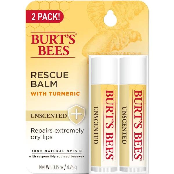 Burt's Bees 100% Natural Origin Rescue Lip Balm With Beeswax And Antioxidant-Rich Turmeric, Unscented, 2 Tubes in Blister Box