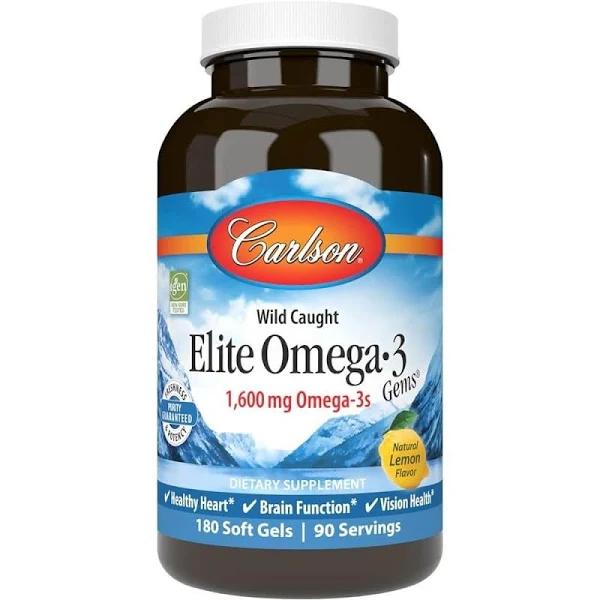 Carlson Labs Wild Caught Elite Omega-3 Gems Natural Lemon Flavor 1600 MG 180 Soft Gels