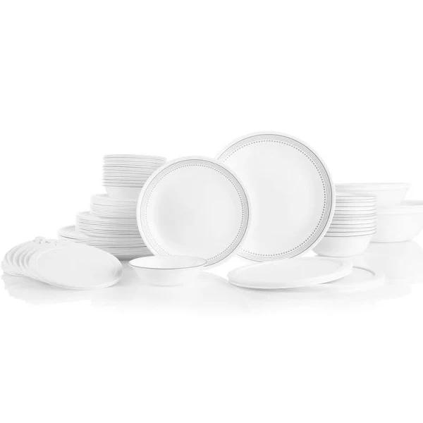 Corelle Vitrelle 78-Piece Service For 12 Dinnerware Set, Triple Layer Glass and Chip Resistant, Lightweight Round Plates and Bowls Set, Mystic Gray