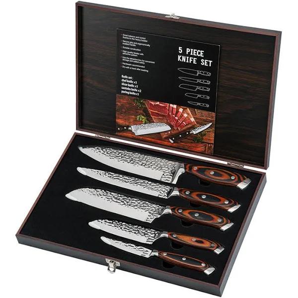 5pc Kitchen Stainless Steel Knife Set in Storage Box Embossed Home Cutlery Blade - AfterPay & zipPay Available