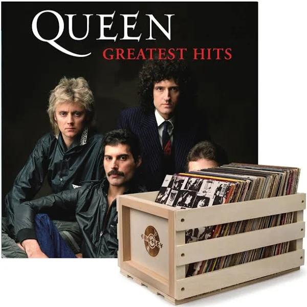 Crosley Record Storage Crate & Queen - Greatest Hits Double Vinyl Album Bundle