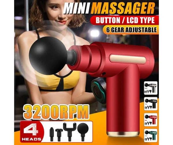 6 Speeds Mini Electric Percussive Massager Sport Deep Muscle Tissue Pain Relief Device Massage Guns w/ 4 Heads