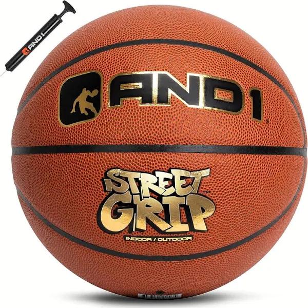 AND1 Street Grip Premium Composite Leather Basketball & Pump Bundle- Official Size 7 (29.5”) Streetball, Made for Indoor and Outdoor Basketball Games