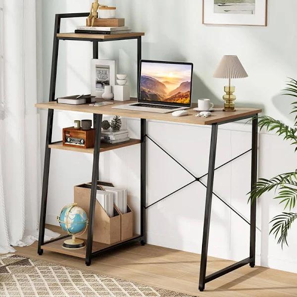 Costway Home Office Desk with Bookshelf and Host Stand-Natural