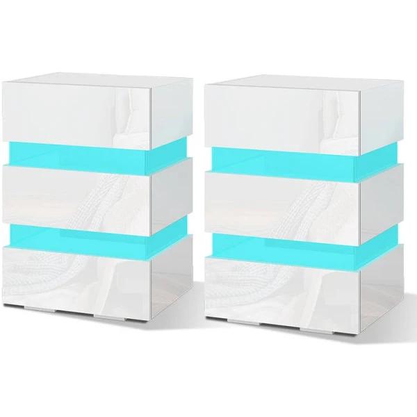 ALFORDSON 2x Bedside Table - Annot 3 Drawers Led & High Gloss Nightstand (White)