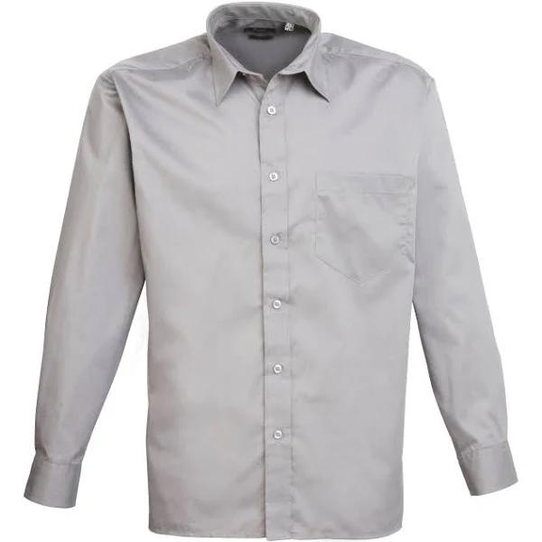 Premier Mens Long Sleeve Formal Plain Work Poplin Shirt Silver 18.5