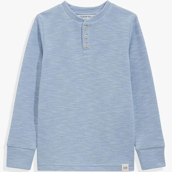 Country Road Organically Grown Cotton Blend Slub Texture Henley in Washed Blue, Size 5 Yrs