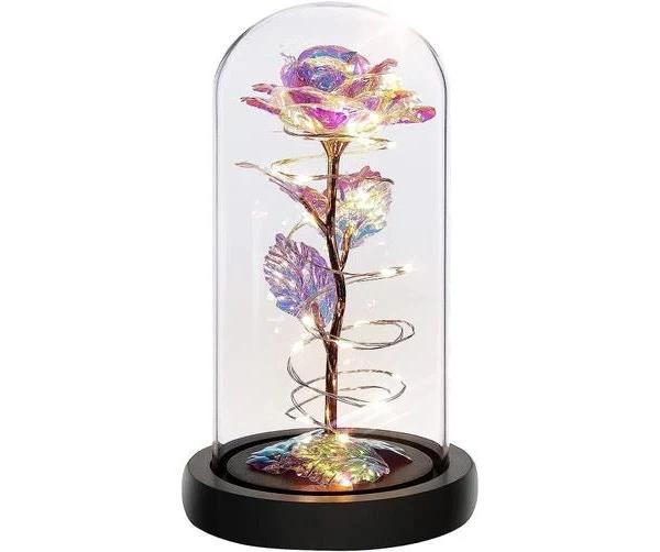 Glass Preserved Eternal Rose, Birthday For Her Women Gifts Gold Foil Artificial Rose with DIY Led Light, Beauty and The Beast Dome, Mother's Day