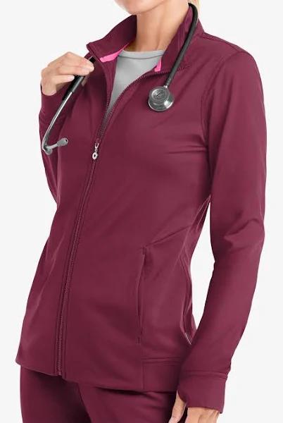 Movement by Butter-Soft Adara Women's 3-Pocket Long Sleeve Zip Front Warm-Up Stretch Scrub Jacket in Wine | Size XL Polyester/spandex