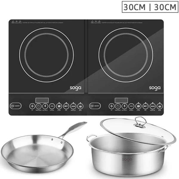 SOGA Dual Burners Cooktop Stove 30cm Stainless Steel Induction Casserole and 30cm Fry Pan