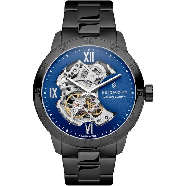 Dante II | Black Skeleton Watch With Blue Dial - For Men - Seizmont