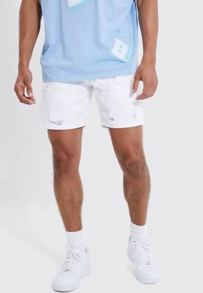 Mens White Relaxed Rigid Rip and Repair Denim Shorts