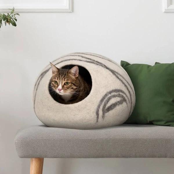 MEOWFIA Premium Felt Cat Bed Cave - Handmade 100% Merino Wool Bed For Cats And Kittens (Large, Light Grey)