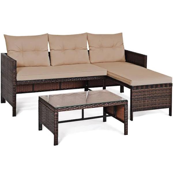 Costway 3pcs Patio Wicker Rattan Sofa Set Outdoor Sectional Conversation Set Garden Lawn Brown