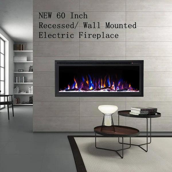 New Model 60" Slim Trim Black Built-in Recessed / Wall Mounted Heater Electric Fireplace