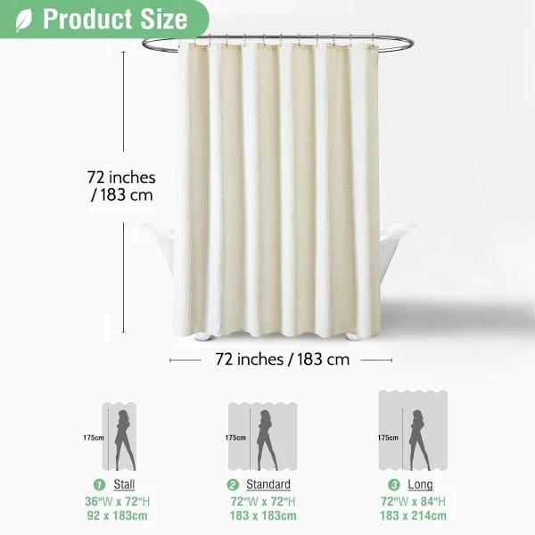 Dynamene Ivory Fabric Shower Curtain - Waffle Textured Heavy Duty Cloth Curtains for Bathroom, 256GSM Hotel Luxury Weighted Polyester Bath Curtain