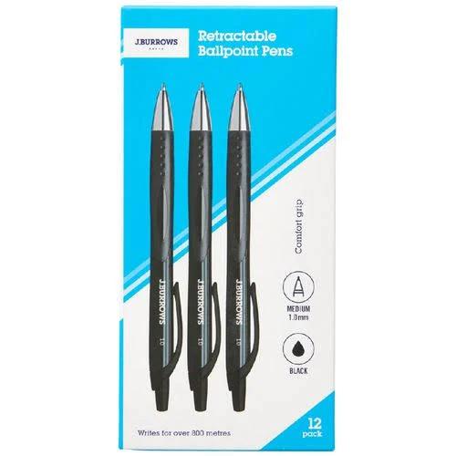 J.Burrows Retractable Ballpoint Pens Black 12 Pack