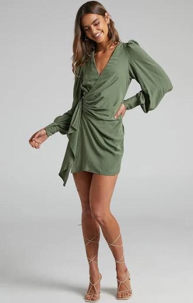 Bellefleur Mini Dress - Faux Wrap Dress in Khaki