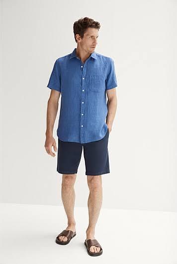 Trenery Regular Fit Delave Linen Short Sleeve Shirt in Mineral Blue Small Mineral AU502726