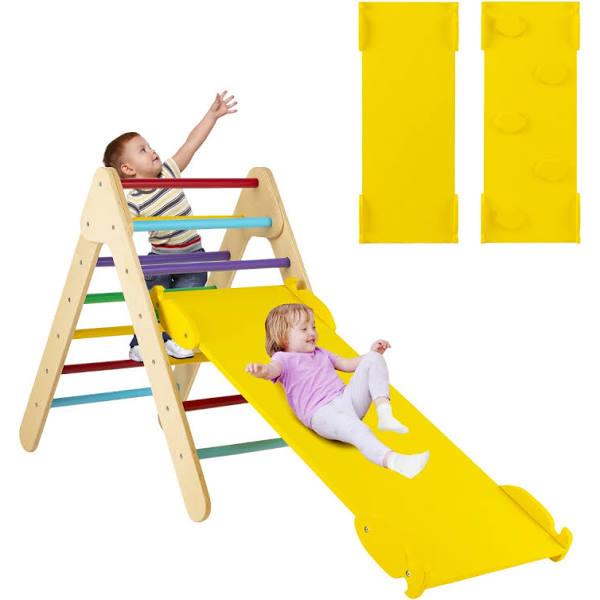 Costway 3in1 Wood Kids Climber Play Set Triangle Sliding Set Outdoor Activity Center w/Ramp, Color