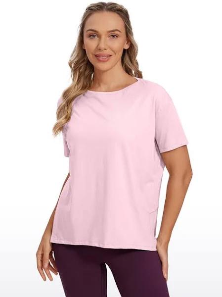 CRZ Yoga Women's Yoga Loose Fit Pima Cotton Short Sleeves Boat Neck Pink Peony / M