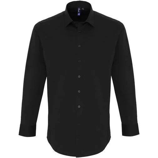 Premier Mens Stretch Fit Poplin Long Sleeve Shirt Black XS