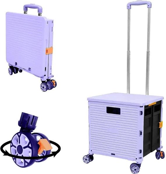 Foldable Utility Cart Folding Portable Rolling Crate Handcart Shopping Trolley Wheel Box with Lid Wear-resistant Noiseless 360°Rotate Wheel for