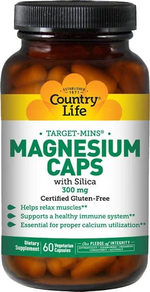 Country Life Target-Minis Magnesium Caps with Silica, 300 mg, Vegan Capsules - 60 vegan capsules