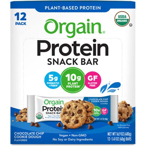 Orgain Organic Protein Bar, Chocolate Chip Cookie Dough - 12 pack, 1.41 oz each