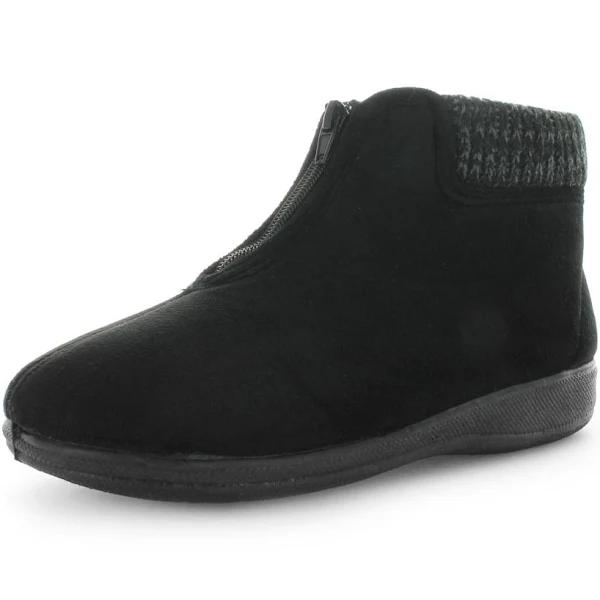 Panda Eclaire Fabric Slippers Bootie Front Zipped Memory Foam - Black - 8 - AfterPay & zipPay Available