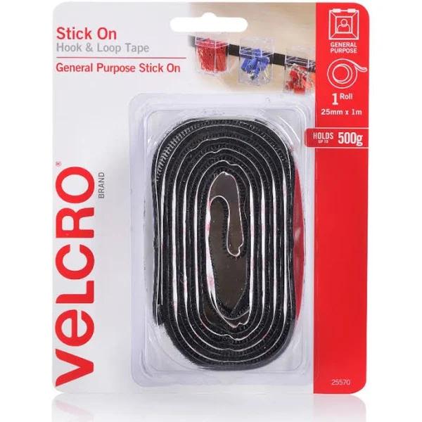 Velcro Brand 25570 Stick On Hook & Loop Tape 25mm x 1m Roll Black