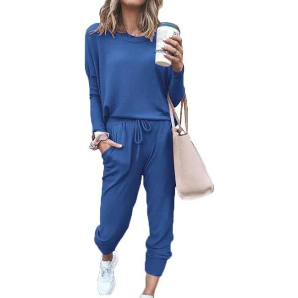 Amoretu Women Loose Solid Color Long Sleeve Top Casual Drawstring Pants With Pockets-Blue - 3XL - AfterPay & zipPay Available