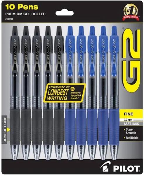 Pilot G2 Premium Gel Pens, Fine Point Gel Ink Pen, 0.7 mm, Refillable & Retractable Rolling Ball, 5 Black and 5 Blue Pens (Bulk Pack of 10 Pens)