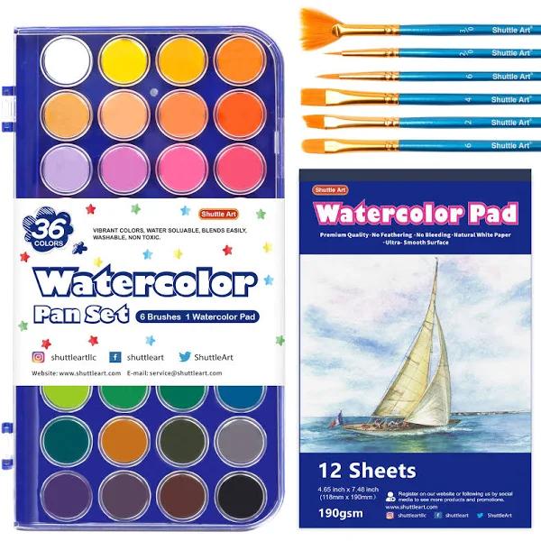 43 Pack Watercolour Paint Set, Shuttle Art 36 Colours Watercolour Paint Pan Set with 6 Brushes and 1 Watercolour Pad For Beginners, Kids Watercolour