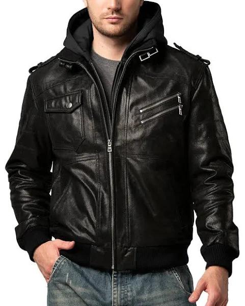 Flavor Men Brown Leather Motorcycle Jacket with Removable Hood (XX-Large (US Standard) Black)