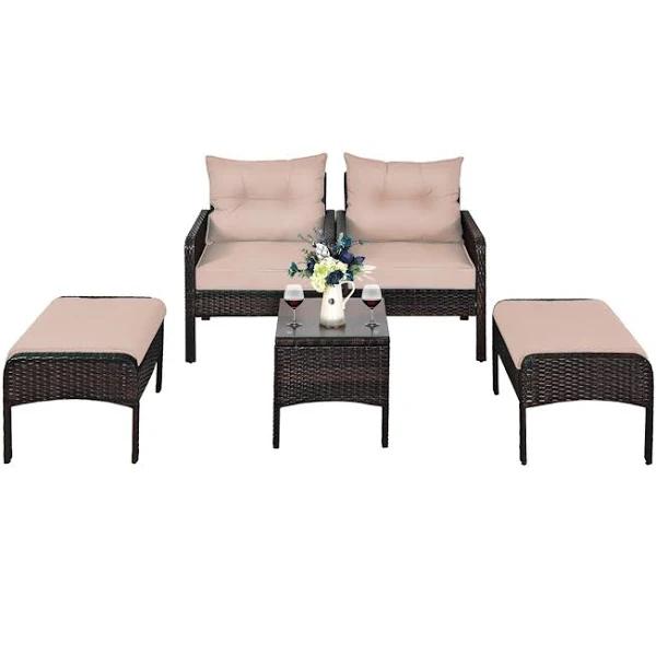 Costway 5 Piece Outdoor Furniture Wicker Lounge Set Patio Table Chairs Cushion Seat Outdoor Ottomans Garden Yard, Khaki