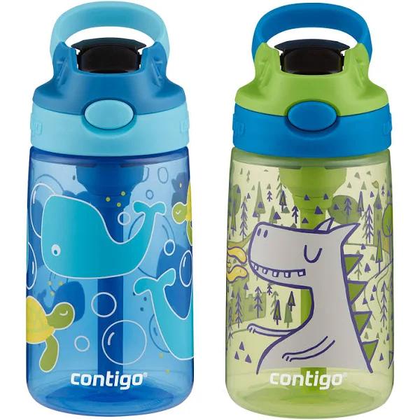 Contigo Aubrey Kids Water Bottle with Silicone Straw and Spill-Proof Lid, 14 oz, 2 Pack, Whales & Dragon