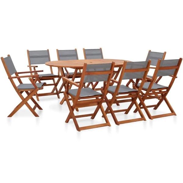 9 Piece Outdoor Dining Set Grey Solid Eucalyptus Wood and Textilene