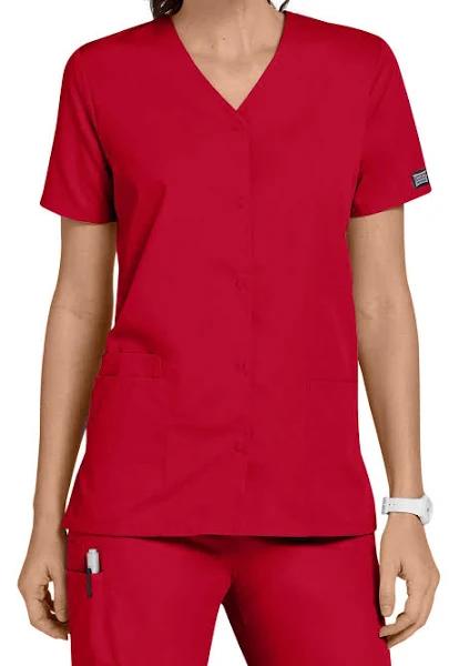 Cherokee 4770 Snap Front V-Neck Top - Red, XS