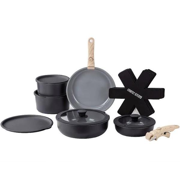 Country Kitchen 16 Piece Pots and Pans Set - Safe Nonstick Kitchen Cookware with Soft Touch Wooden Removable Handle, RV Cookware Set, Oven Safe