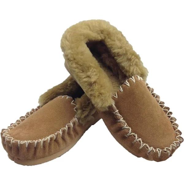 BR 100% Sheepskin Moccasins Slippers Winter Casual Genuine Slip On UGG Non-slip - Chestnut - 6