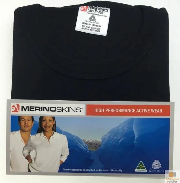 Merino Skins Crew Neck Short Sleeve T-Shirt Top 100% Wool Underwear Thermals - Black - Small (91cm)