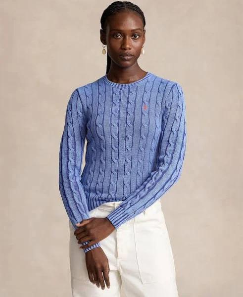 Polo Ralph Lauren - Women's Blue Jumpers - Cable-Knit Cotton Crewneck Sweater - Size S at The Iconic