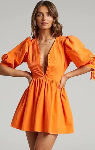 Zandra Puff Sleeve Poplin Mini Dress in Orange - Showpo A Line Dresses - 16 (XXL)