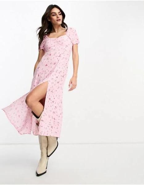 & Other Stories Puff Sleeve Midi Dress in With Split in Pink Floral