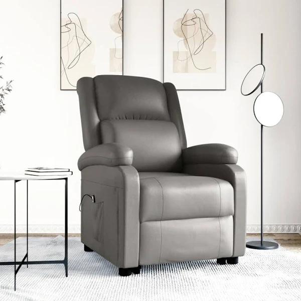 Stand Up Reclining Chair Grey Real Leather