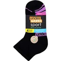 Underworks Ladies Quarter Crew Socks Size 5-8 Black 4 Pack