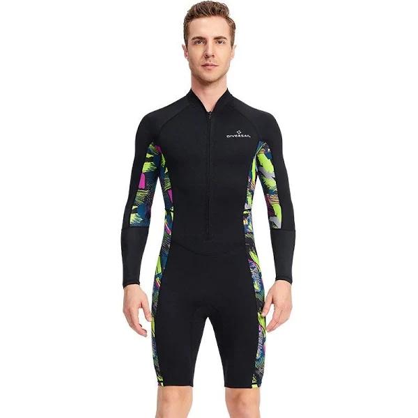 Mr Dive 1.5mm Men Long Sleeve Shorty Swimsuit Front Zip Diving Suits-Black - M - AfterPay & zipPay Available